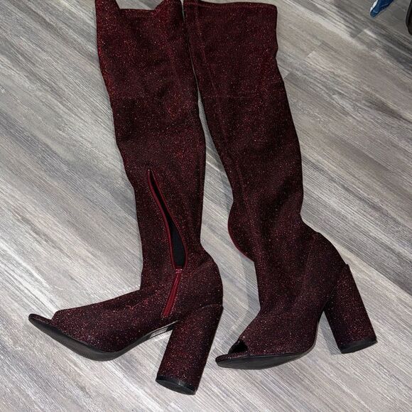 Burgundy Over-the-Knee Peep Toe Boots - Picture 4 of 6